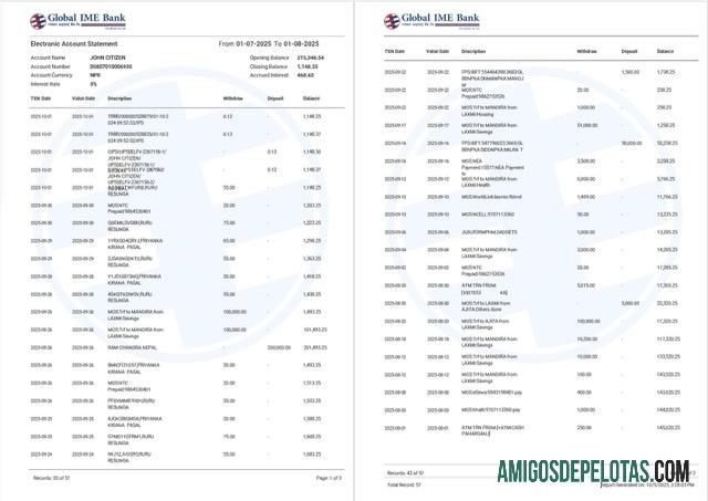 Extrato bancário global Ime da Índia para impressão, modelo Word e PDF, 2 páginas